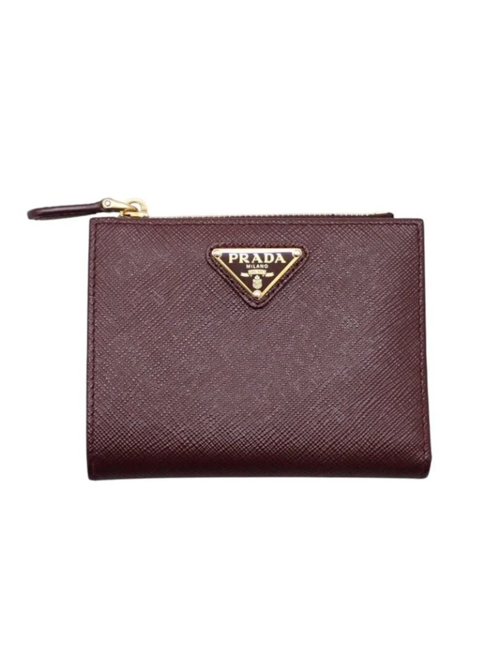 Prada Saffiano Triangle Bifold Wallet Bordeaux Burgundy Gold Genus